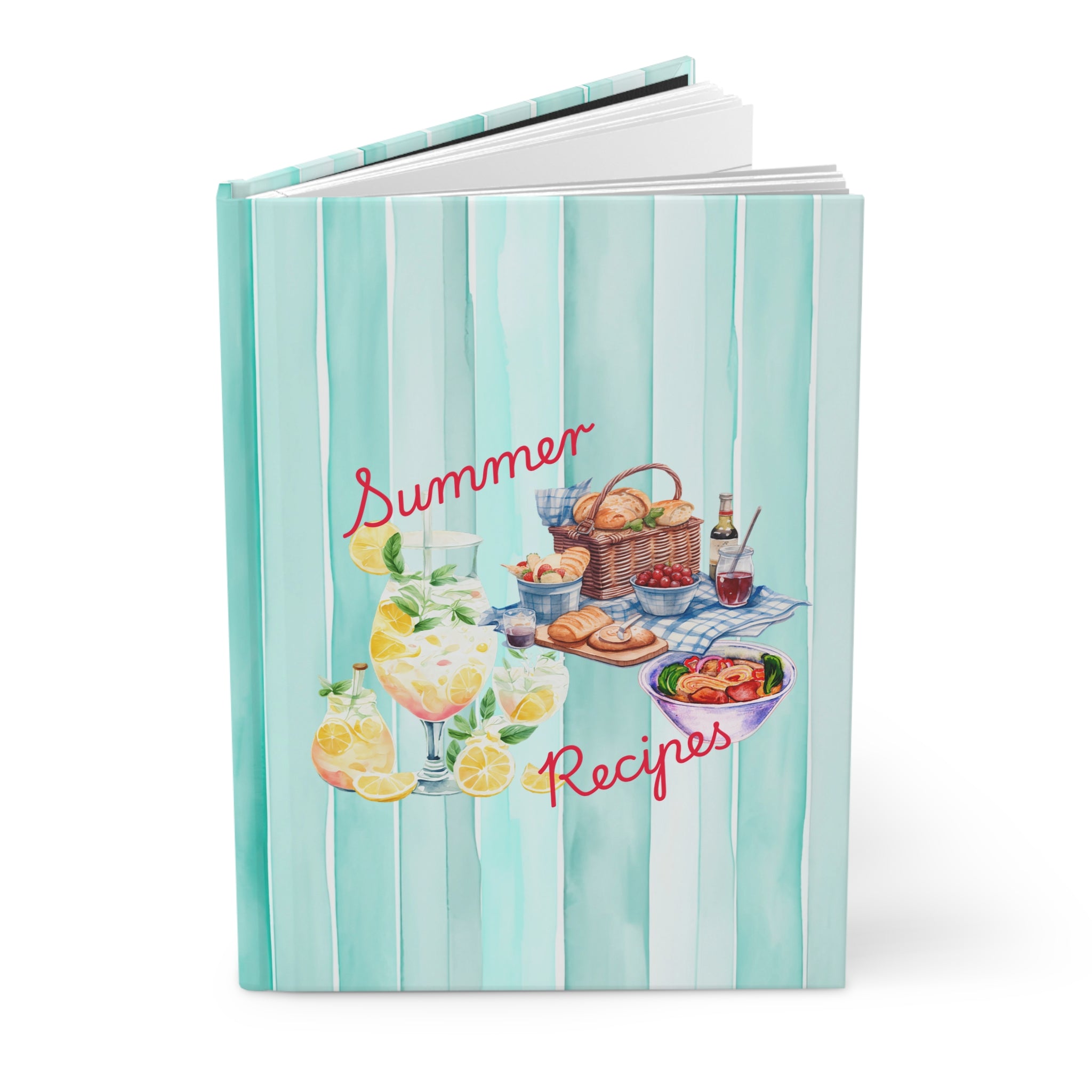 Summer Recipes Book, Blue Striped Watercolor Preppy Cape Cod East Coast Summer Style, Journaling Recipe Book Scrapbook Notebook Gift For Her