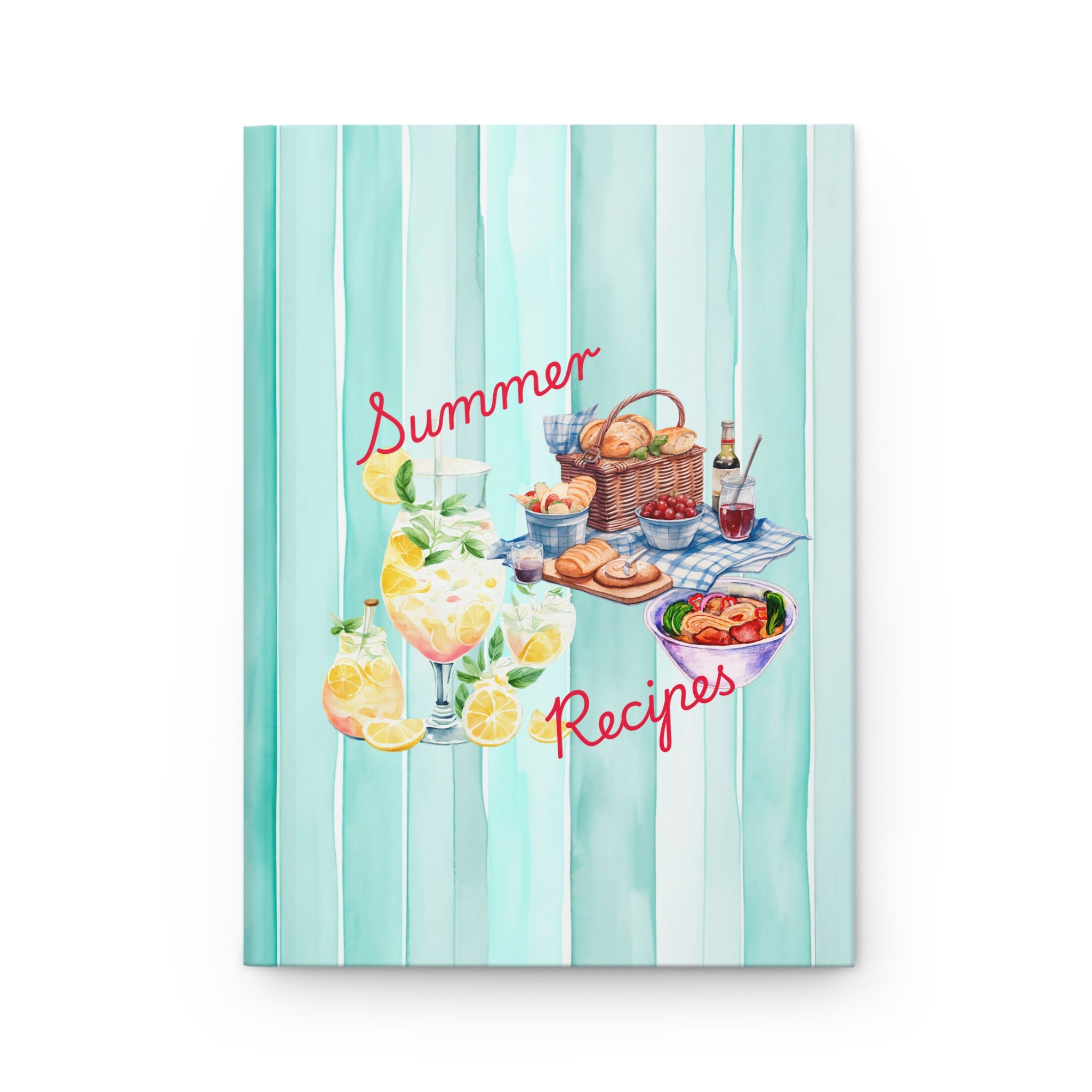 Summer Recipes Book, Blue Striped Watercolor Preppy Cape Cod East Coast Summer Style, Journaling Recipe Book Scrapbook Notebook Gift For Her