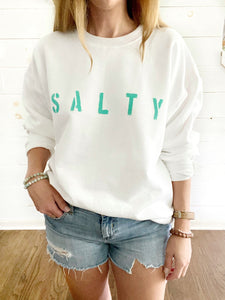 White SALTY ultra soft crewneck pullover, turquoise