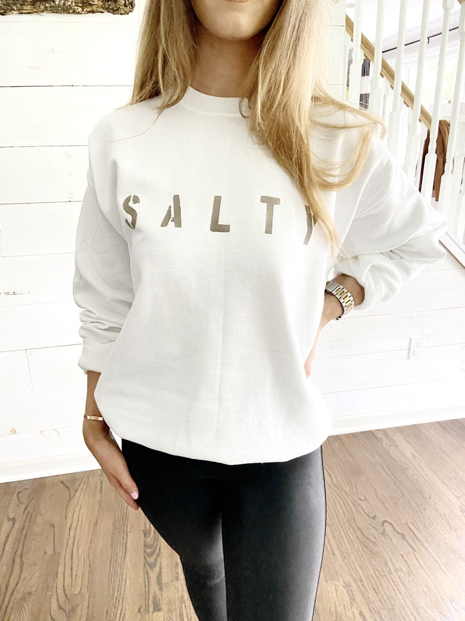 White SALTY ultra soft crewneck pullover, taupe