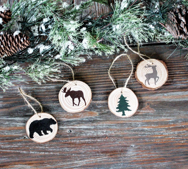 Set of 4 Woodlands Christmas Ornaments, hand painted, rustic ornaments, cabin decor, lake house decor, Christmas decor, Bear, Moose, Deer